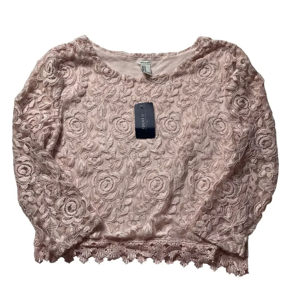 NWT Forever 21 Pink Lace Long Sleeve Top Sz Medium Coquette Dainty Feminine
